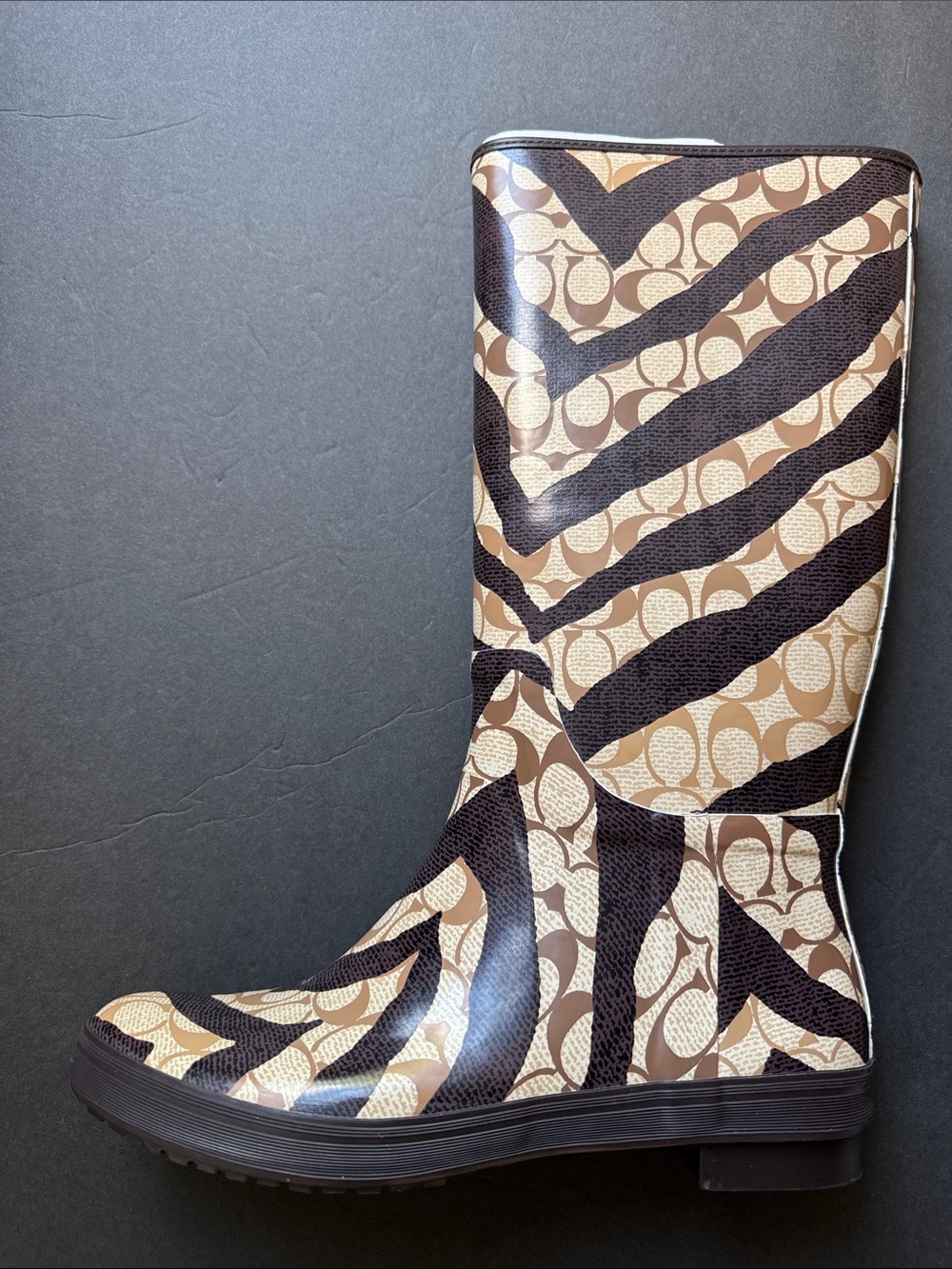 New Coach Pammie Brown Signature Zebra-Print Rain Boot Size 10